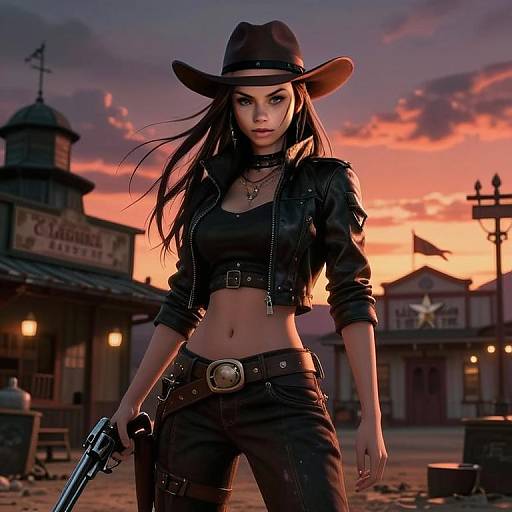 Modern Cowgirl in Leather Outfit Holding Revolver in Western Town at Sunset