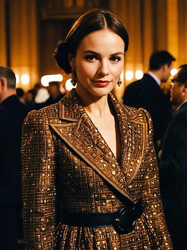 Woman in Designer Gold Brocade Outfit at City Fashion Event