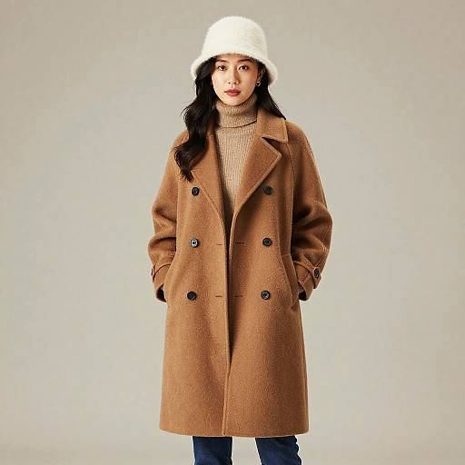 Woman in Camel Coat and White Bucket Hat Wearing Warm Winter Clothes