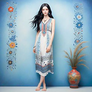 Serene woman in floral dress against blue background