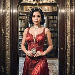 Elegant Woman in Red Gown in Vintage Hallway