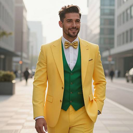 Man in Yellow Suit with Green Waistcoat Walking in City