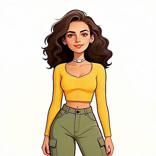 Young Woman with Pretty Hair in Yellow Crop Top and Olive Cargo Pants Illustration