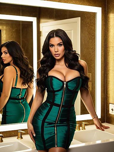 Glamorous Woman in Emerald Green Dress Posing in Modern Bathroom