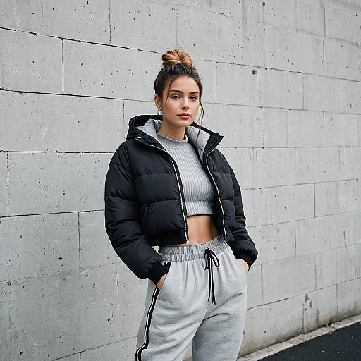 Woman in Casual Streetwear Wearing Black Puffer Jacket with Hood and Grey Ribbed Sweater