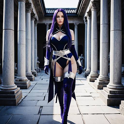 Realistic Fantasy Warrior Woman in Purple and Silver Costume at Stone Pillar Courtyard