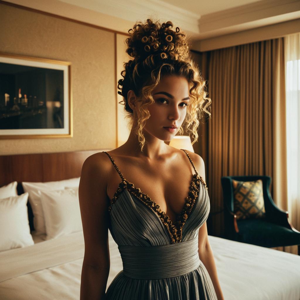 Elegant Woman in Gray Dress with Curly Hair in Luxurious Bedroom