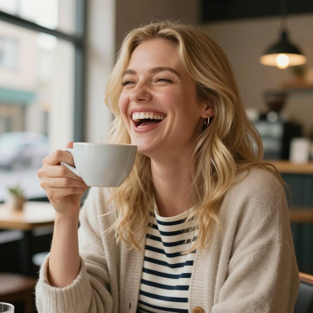 Cheerful Young Woman Enjoying Coffee in Cozy Café