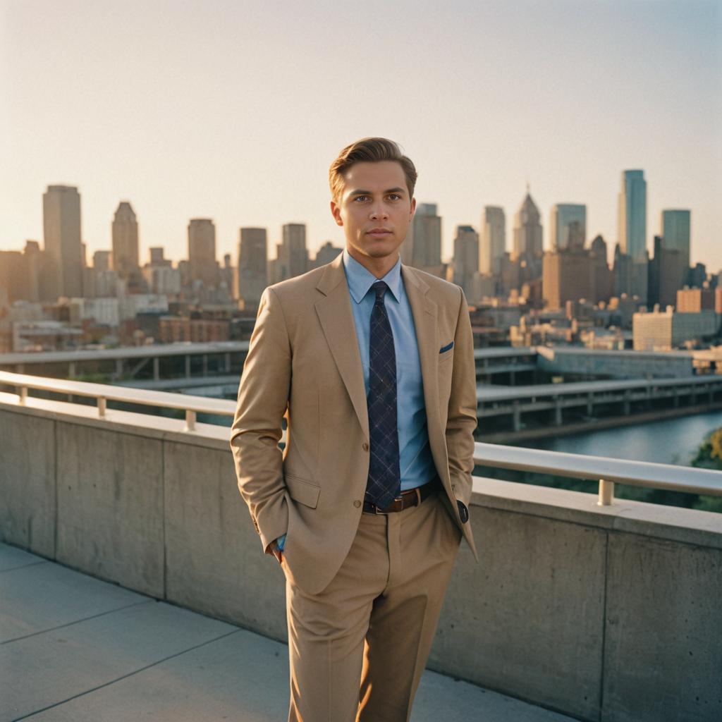 Stylish Man in Tan Suit Against Cityscape at Sunset