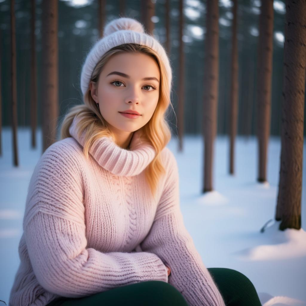 Young Woman in Cozy Pink Sweater Among Snowy Trees