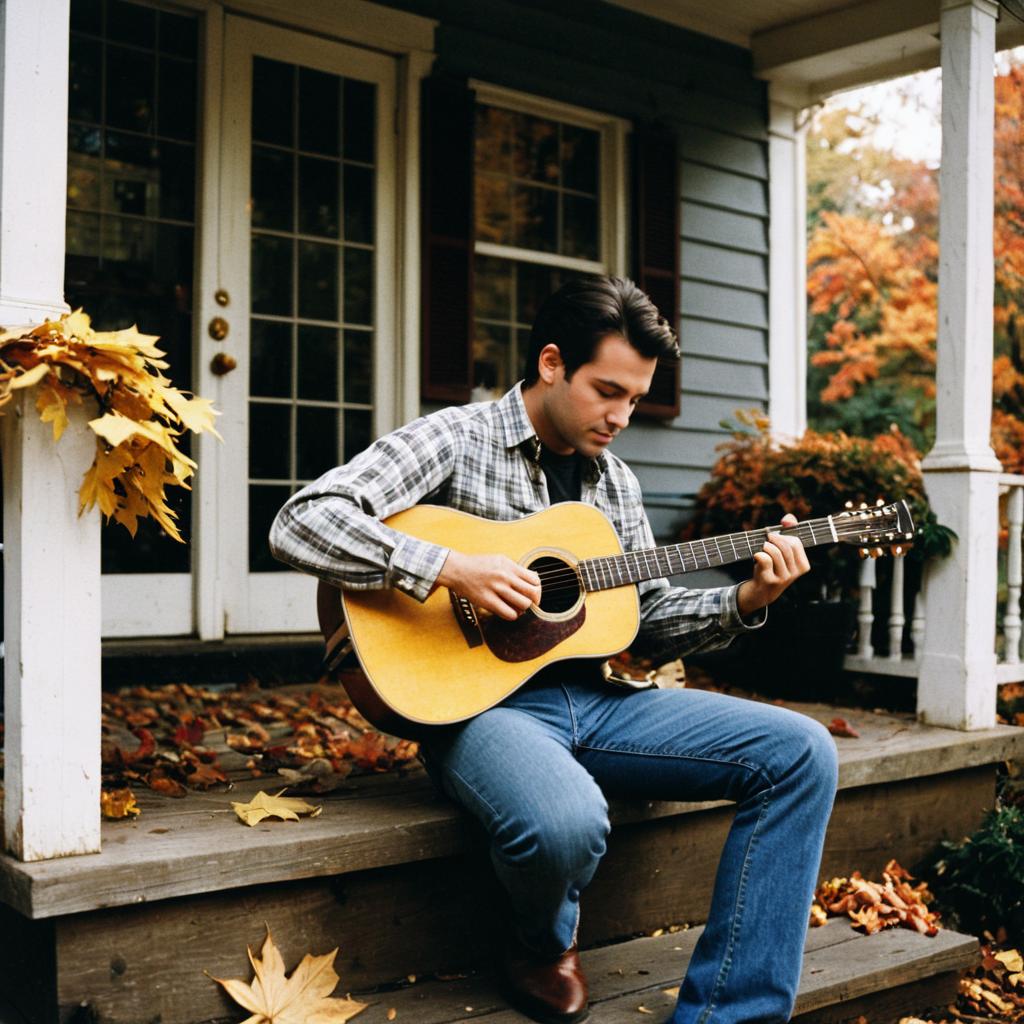Young Man Playing Acoustic Guitar on Autumn Porch Steps