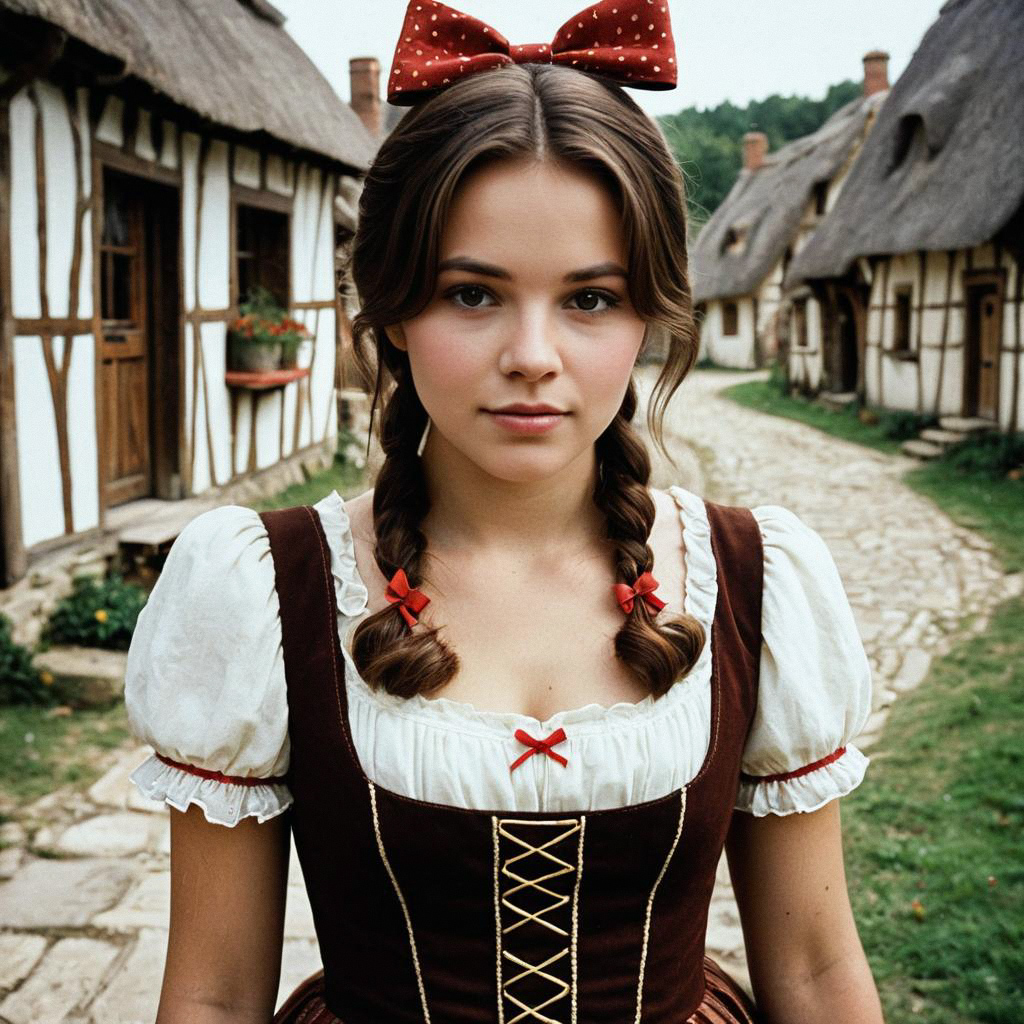 Young Woman in Rustic Dress in Quaint Village