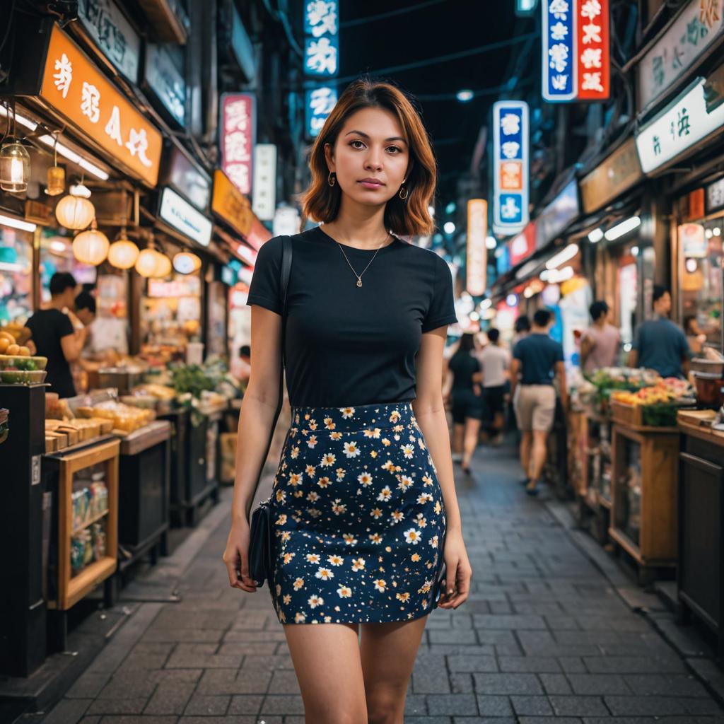 Confident Woman in Floral Skirt at Night Market