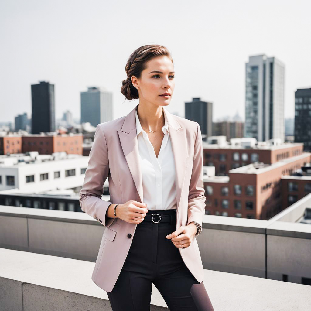 Confident Woman in Pink Blazer on Rooftop