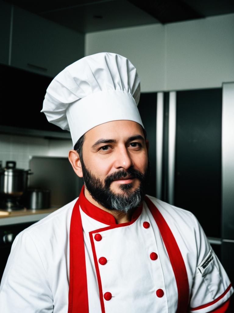 Man in Chef Costume with White Jacket and Red Accents in Modern Kitchen