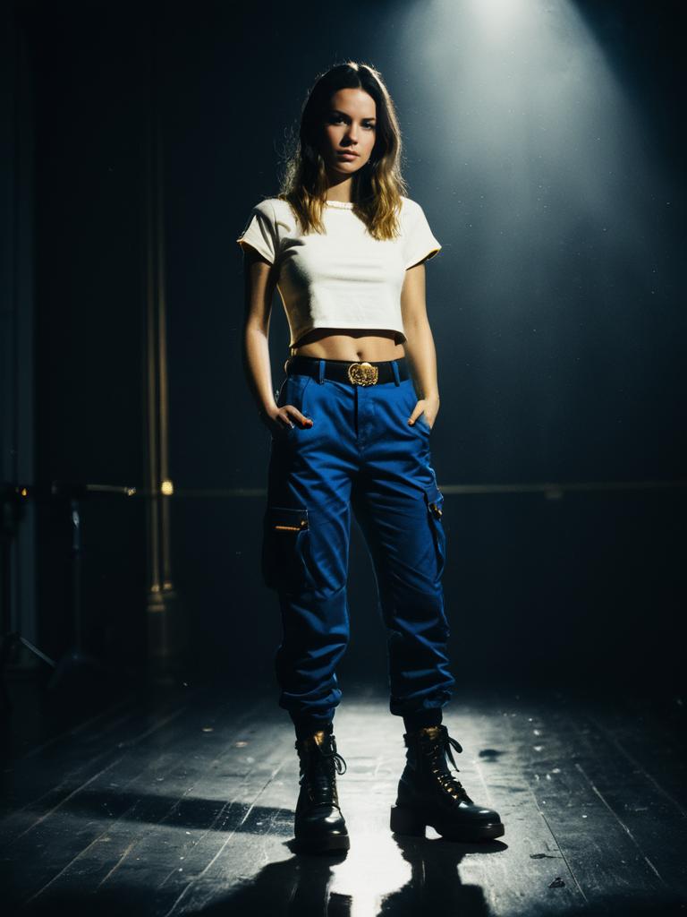 Woman Casual Street Style Cropped White T-Shirt and Blue Cargo Pants