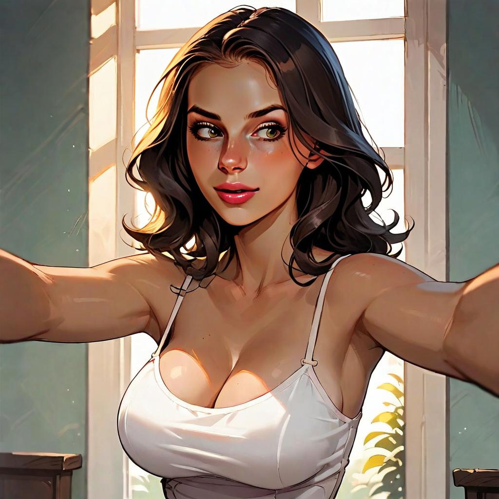 Digital Artwork of Woman Taking Selfie in White Tank Top