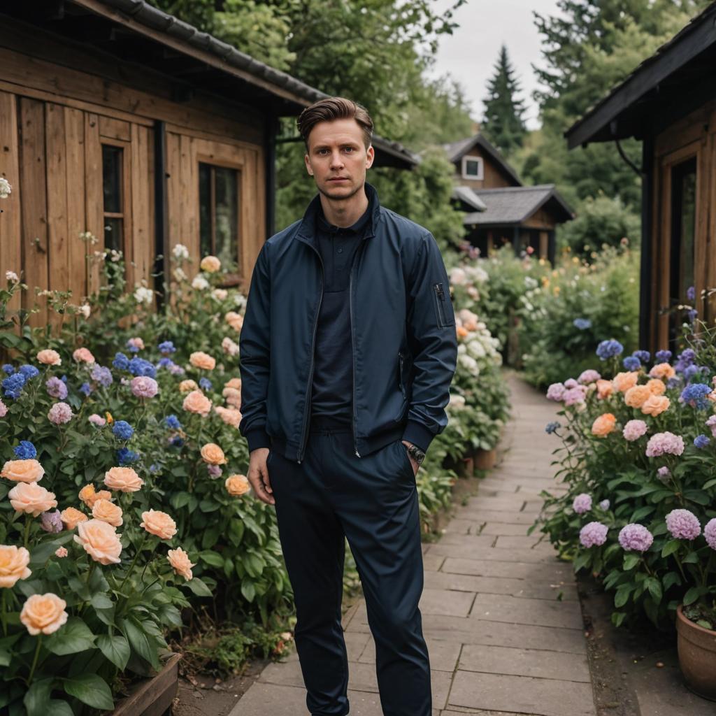 Confident Man in Stylish Navy Outfit Among Vibrant Garden