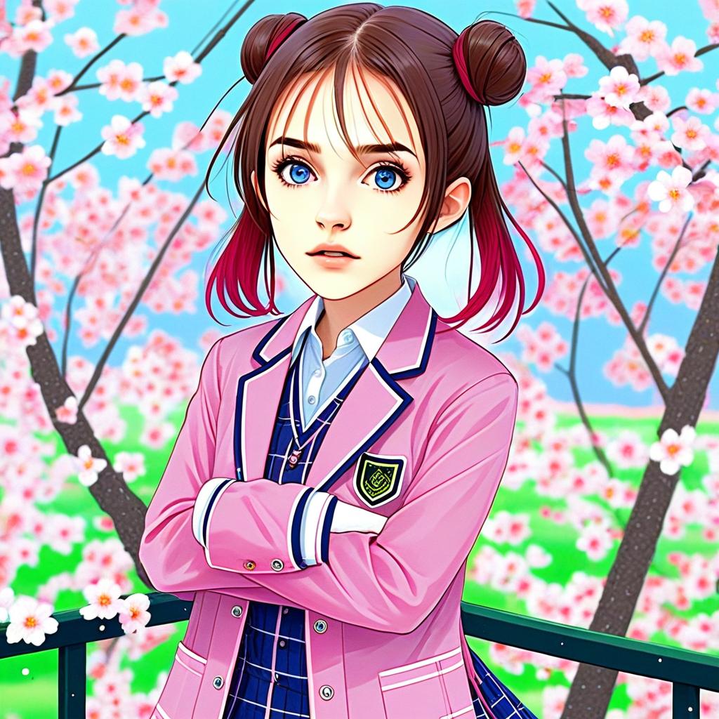 Anime Girl in Pink School Uniform with Cherry Blossoms Background