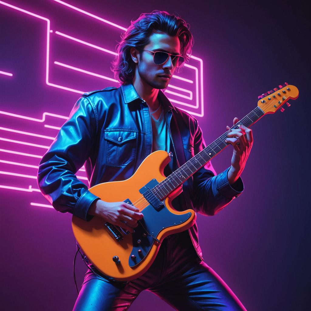 Stylish guitarist in neon lights