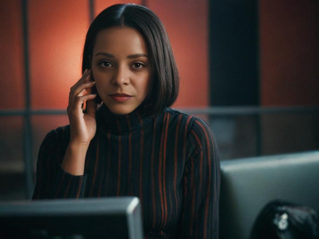 Contemplative Woman in Striped Turtleneck with Cinematic Lighting