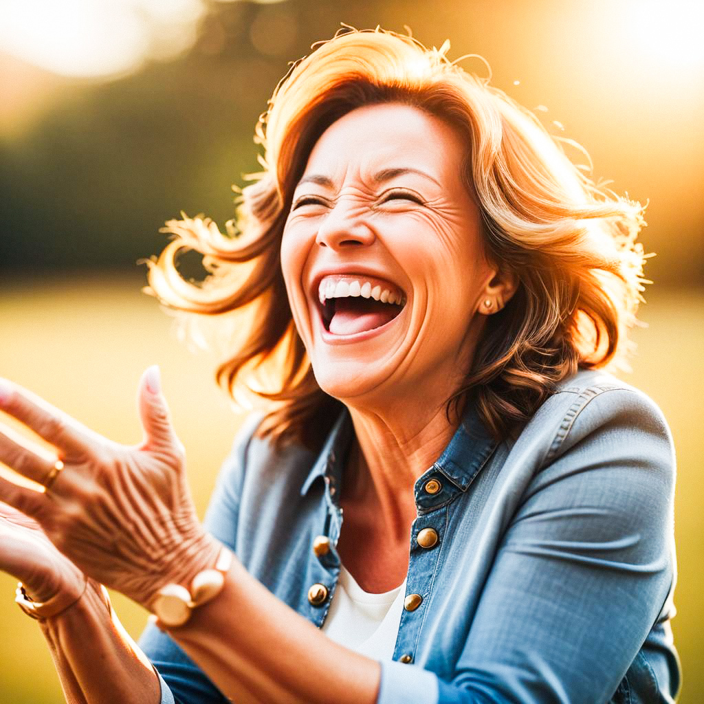 Joyful middle-aged woman laughing outdoors