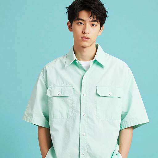 Gen Z Young Man in Mint Green Shirt Studio Portrait