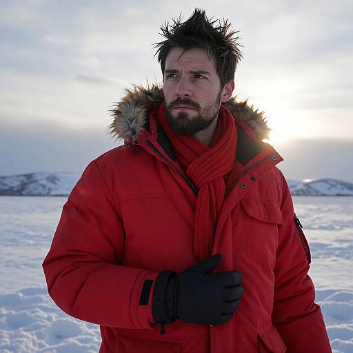 Man in Red Winter Jacket in Snowy Landscape