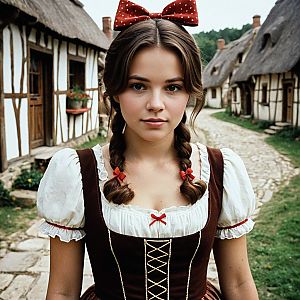Young Woman in Rustic Dress in Quaint Village