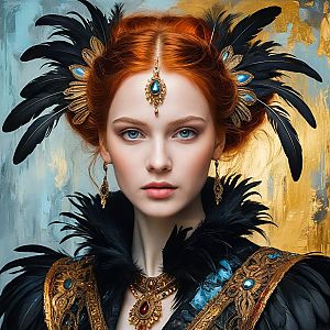 Regal Red-Haired Woman with Feather Accessories and Gold Jewelry