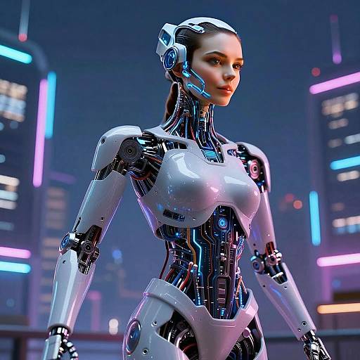 Futuristic Cybernetic Woman Robot in Neon Cityscape