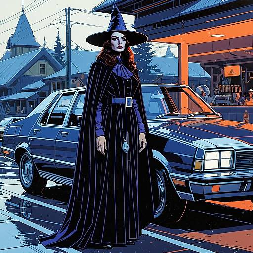 Witch Woman in Vintage Car Scene Comic Book Style