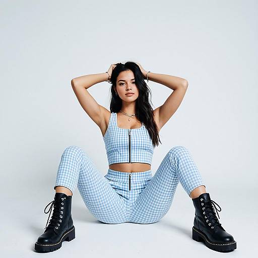 Woman in Light Blue and White Gingham Cropped Tank Top and Pants with Black Combat Boots