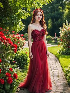 Elegant Woman in Red Gown in Lush Garden