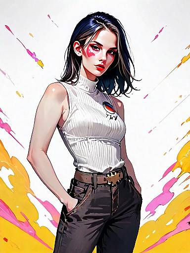 Realistic Comic-Style Woman Full Body Illustration with Minimalist Background