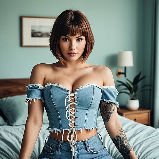 Stylish Woman Wearing Denim Corset Top and Jeans with Floral Tattoos Indoors