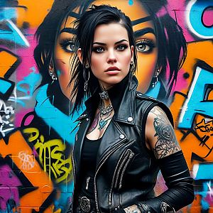 Confident Woman in Leather Vest Against Graffiti Wall