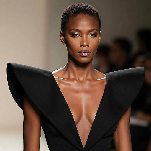 Confident Woman in Bold Black Avant-Garde Dress on Fashion Runway