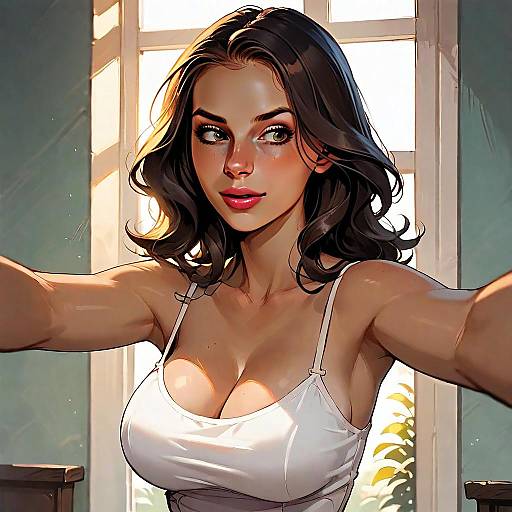 Digital Artwork of Woman Taking Selfie in White Tank Top