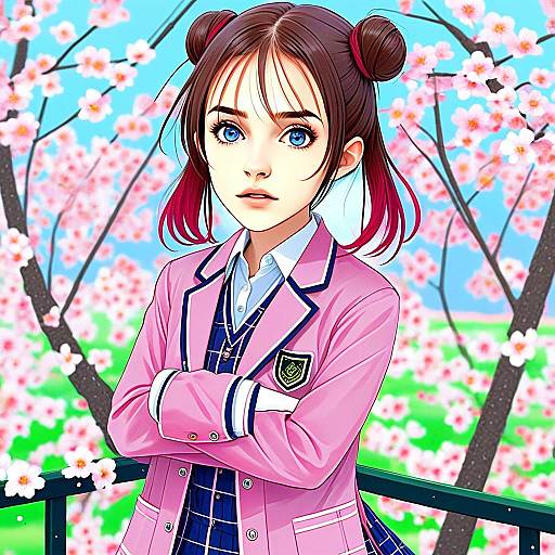 Anime Girl in Pink School Uniform with Cherry Blossoms Background