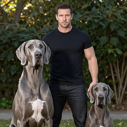 Man Standing with Two Large Great Dane Dogs Outdoors