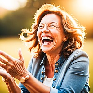 Joyful middle-aged woman laughing outdoors
