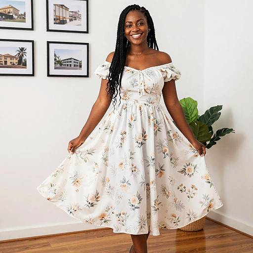 Young Woman Wearing Floral Off-Shoulder Dress Indoors