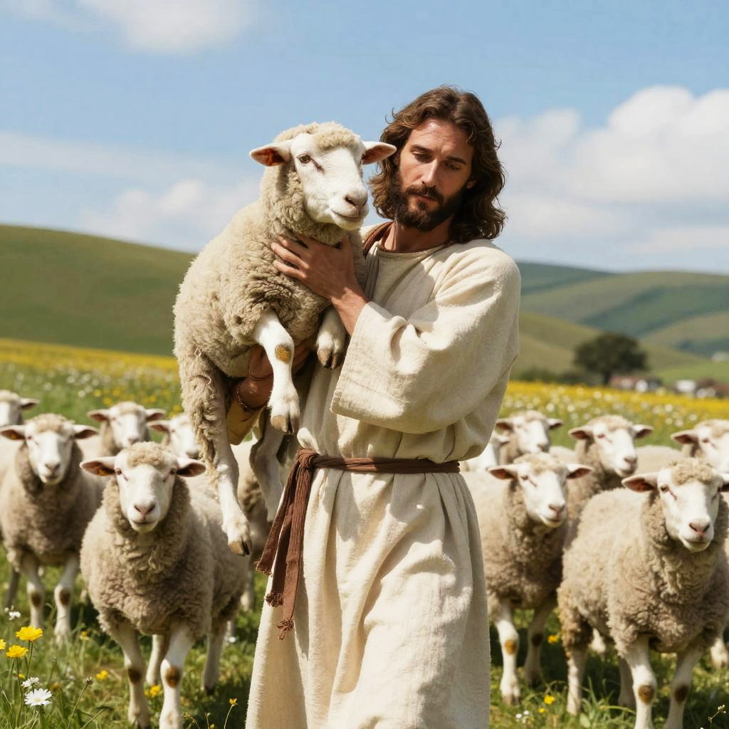 Man Holding Sheep in Pastoral Field with Flock