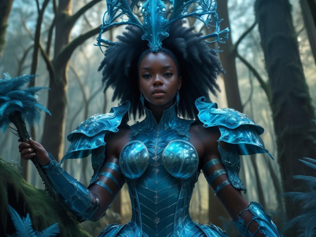 Hyperrealistic Black Woman in Rococo-Inspired Exoskeleton Armor