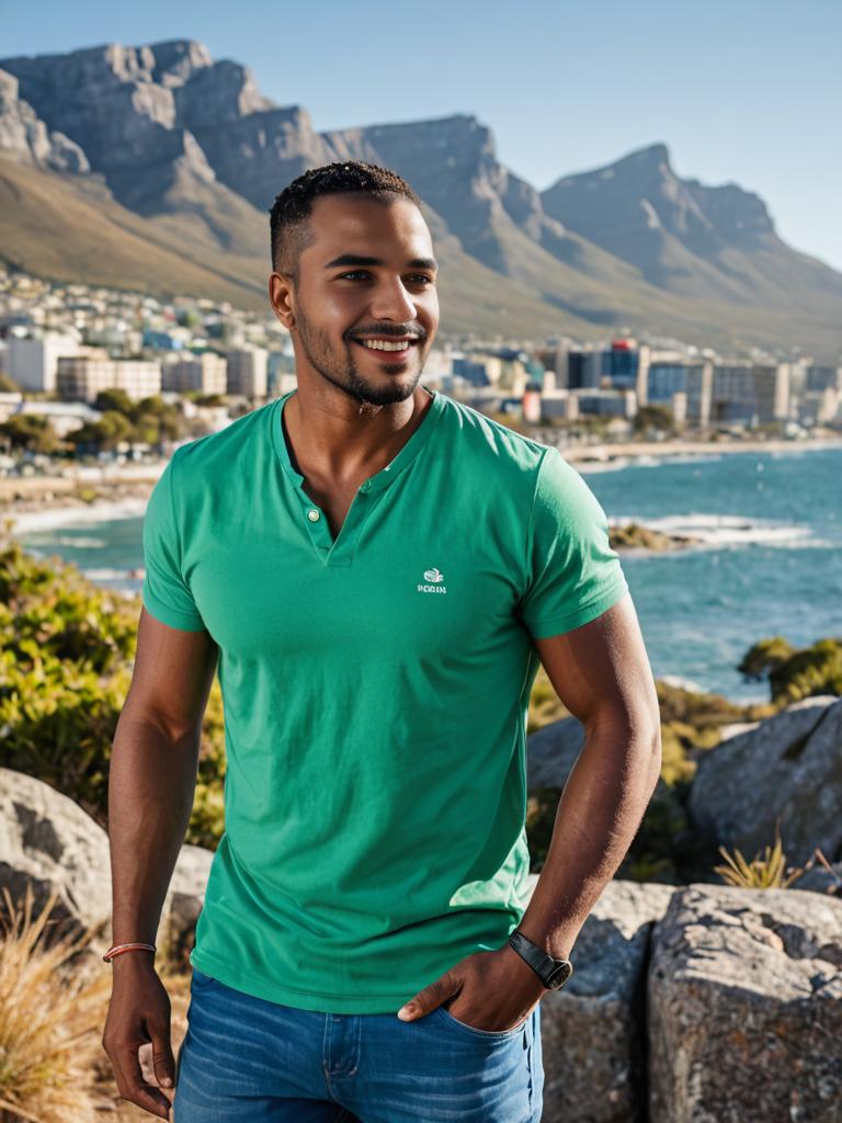 Confident Man in Green Polo with Coastal City View