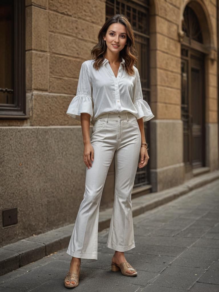 Stylish Woman in Elegant White Outfit on European Street