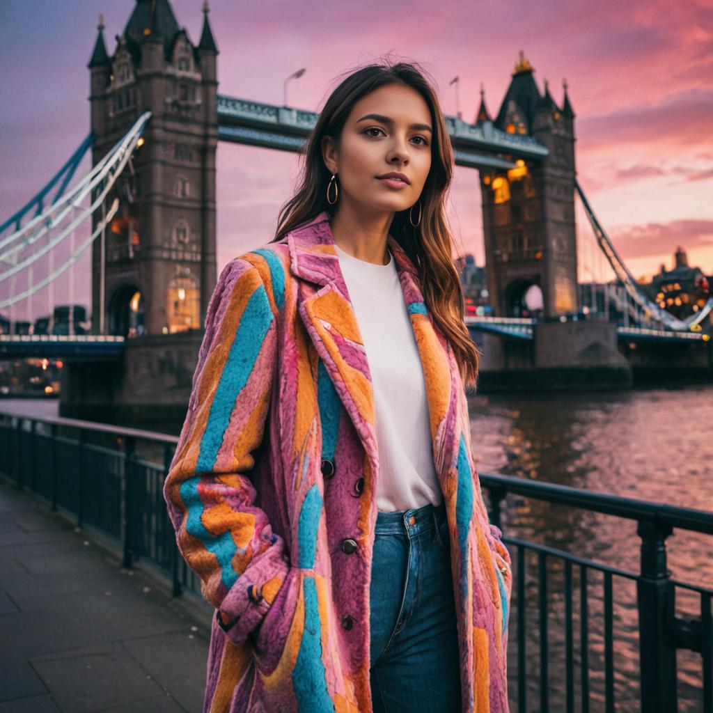 Confident Woman in Colorful Coat at Tower Bridge at Dusk