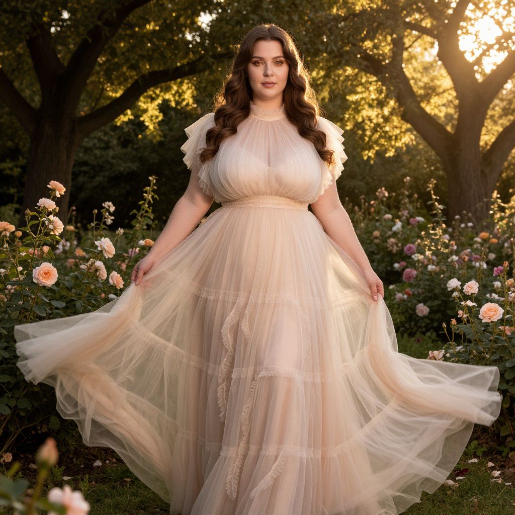 Woman in Flowing Beige Tulle Dress in Rose Garden at Sunset