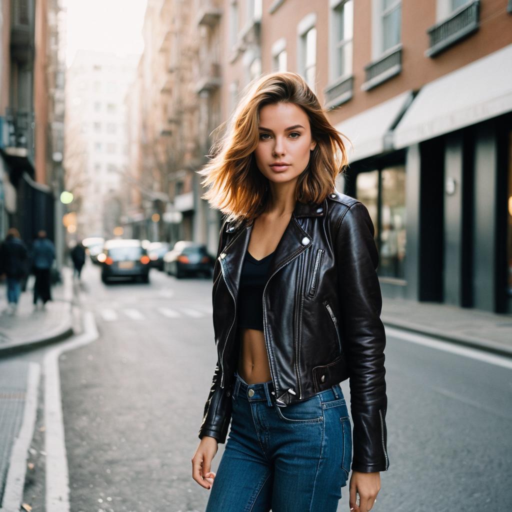 Confident Woman in Black Leather Jacket on Urban Street